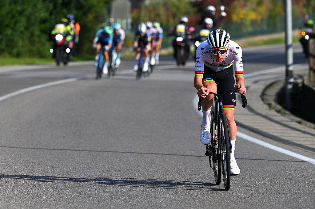 VARESE, ITALY - OCTOBER 07: Tadej Pogacar of Slovenia and UAE Team Emirates attacks in the breakaway during the 104th Tre Valli Varesine 2025 a 200.3km one day race from Busto Arsizio to Varese on October 07, 2025 in Varese, Italy. (Photo by Tim de Waele/Getty Images)
