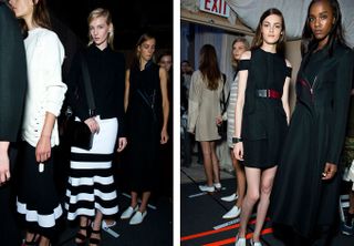 One of the model is wearing black and white stripe skirt at Victoria Beckham S/S 2015