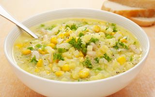chunky soups, Sweetcorn chowder with cod