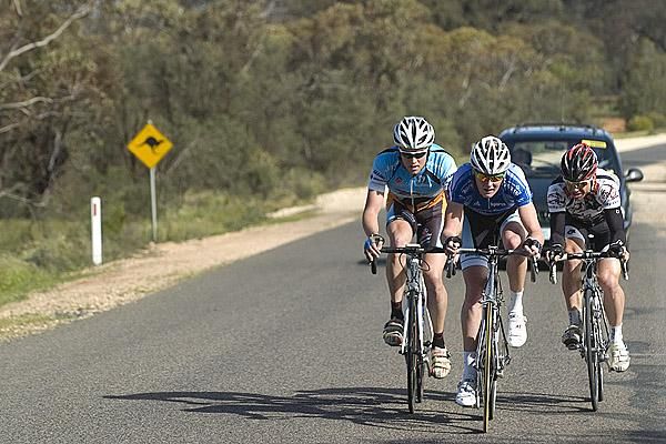 (l-r): Michael Freiberg (Jayco/AIS), Aaron Donnelly (NSWIS), and Charles Howlett (Cycle City) had opened up a gap over the peloton on the return to Ouyen from Patchewollock.