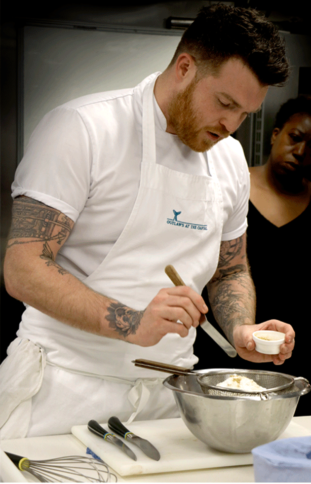 Chef Tom Brown Sieving Pancake Ingredients
