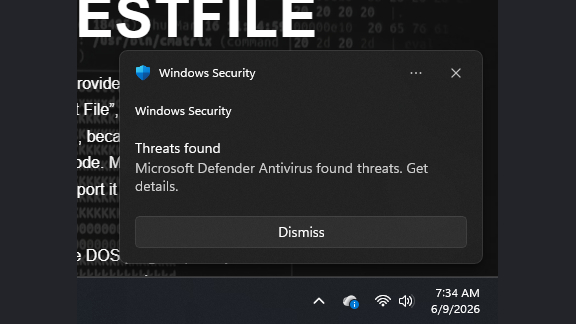 Windows Security notification stating threats were found by Microsoft Defender Antivirus.