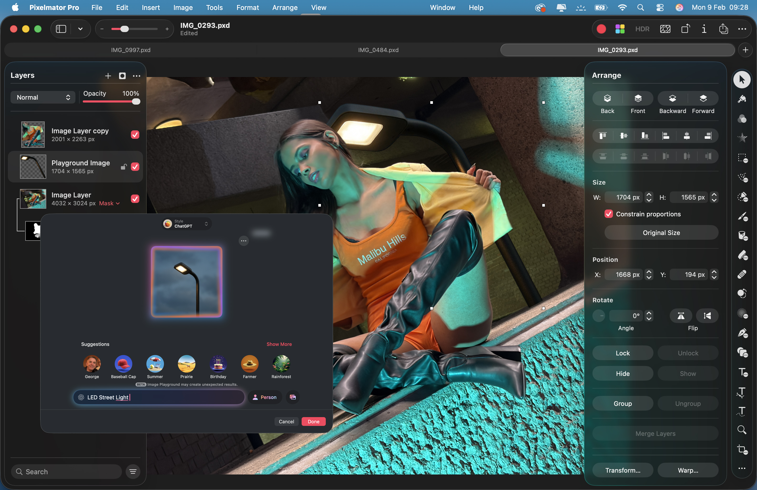 Pixelmator Pro 4: Shot of the Image Playground tool being used to generate a street light to add to the background of a model shoot.
