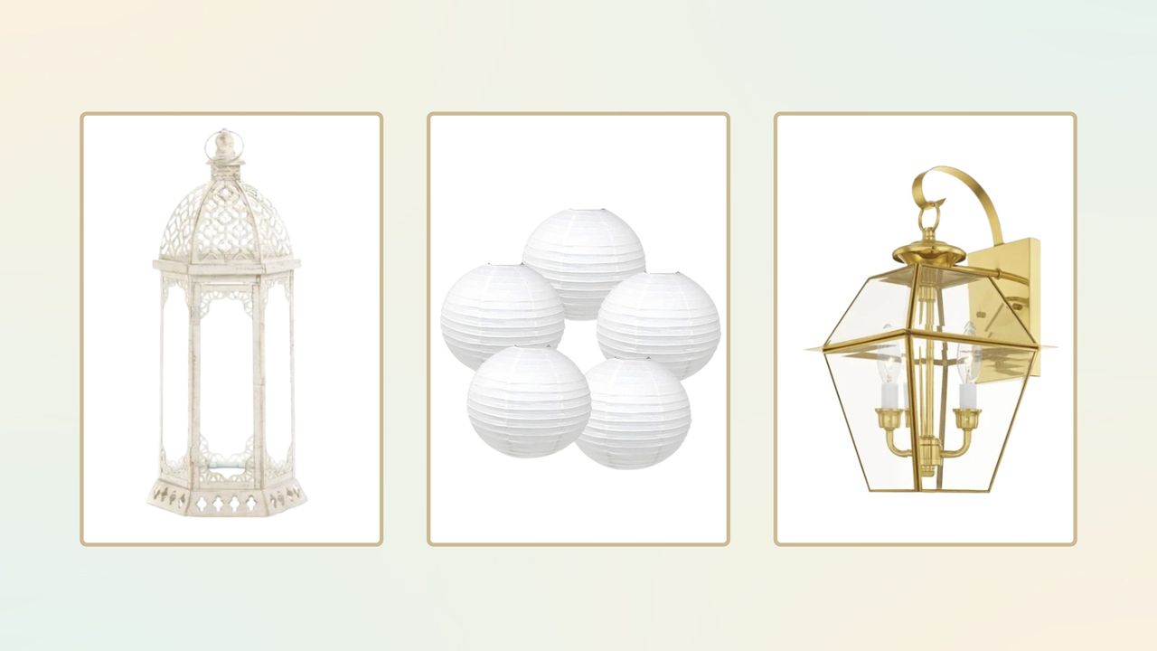 Here are three of the best outdoor lanterns in white rectangles with gold frames - a cream domed lantern, five white circular paper lanterns, and a bright gold diamond shaped wall lantern, all in white gold bordered rectangles with a beige and blue gradient behind them