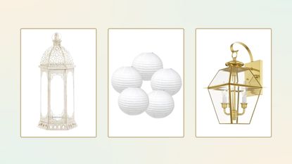 Here are three of the best outdoor lanterns in white rectangles with gold frames - a cream domed lantern, five white circular paper lanterns, and a bright gold diamond shaped wall lantern
