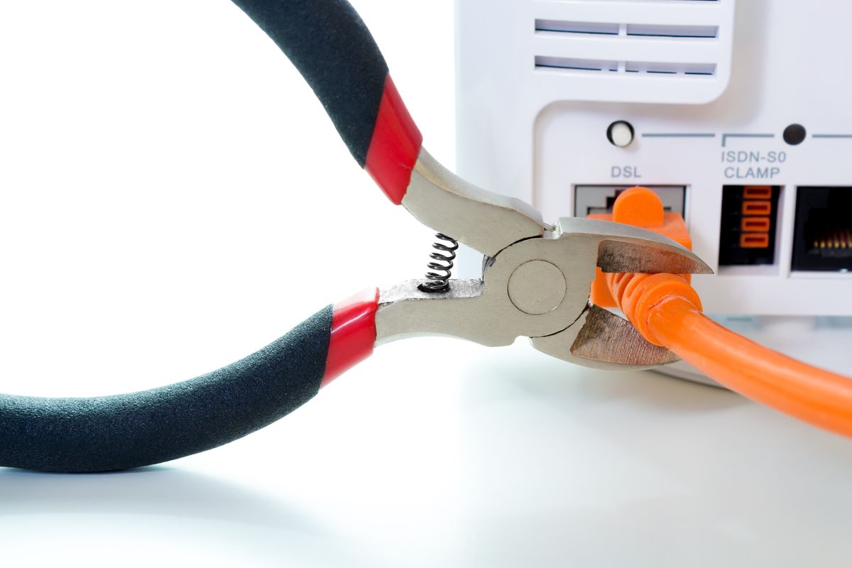 A pair of wire cutters poised to cut through a network cable.