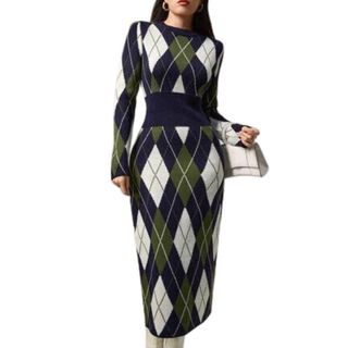 SHEIN Modely Women Casual Argyle Pattern Waist Knitted Sweater Dress