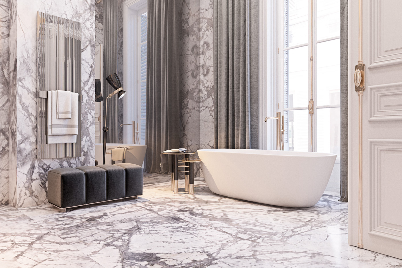 marble finish luxury bathroom with large windows, and high ceilings and freestanding bath