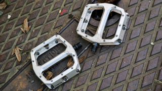 Pair of Canyon flat pedals on the ground
