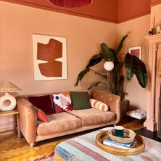terracotta and pink living room with large bird of paradise