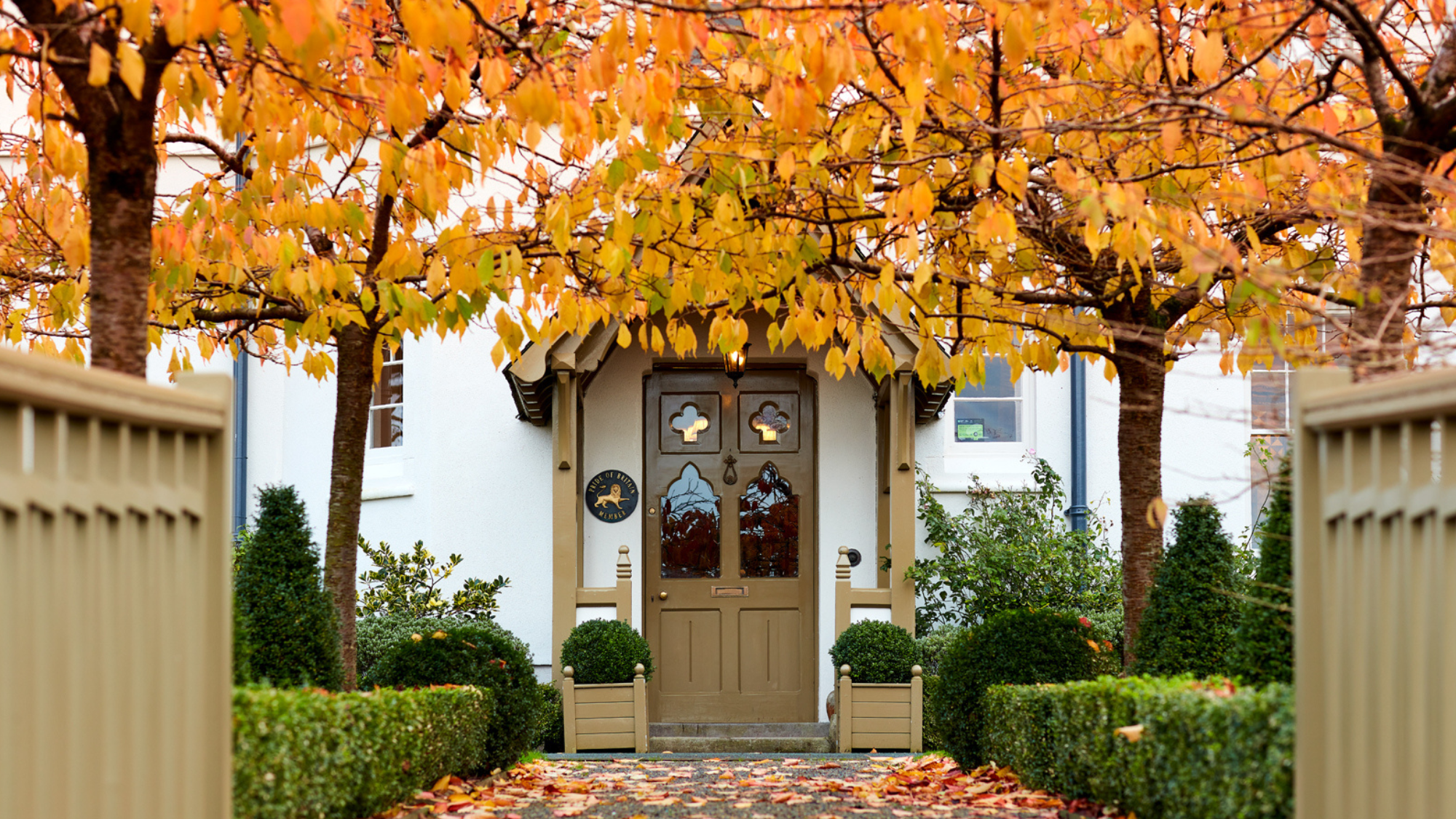 Grove of Narberth front food with autumn leaves