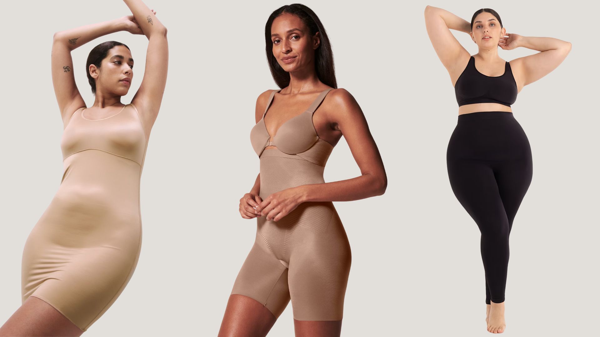 three models wearing M&S, Spanx and Shapermint shapewear