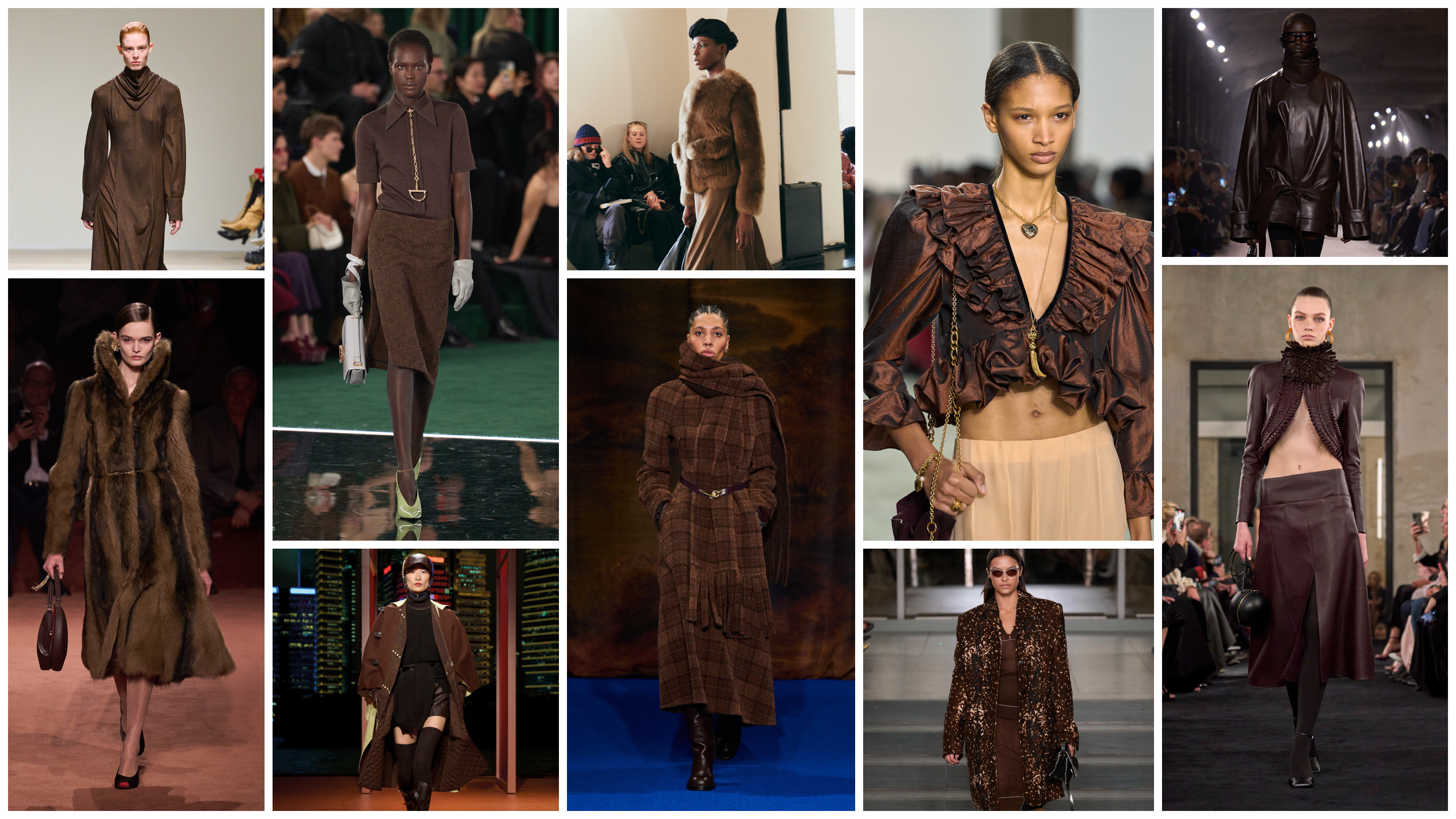 the chocolate brown fall 2025 color trend at Emilia Wickstead, Fendi, Gucci, Hermès, Altuzarra, Burberry, Chloé, Tory Burch, Victoria Beckham, and Alaïa