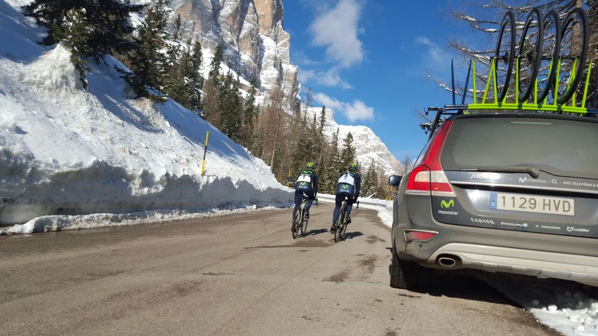 Alejandro Valverde and Andrey Amador (Movistar) preview the route for stage 14 of the Giro d'Italia