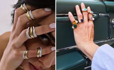 Bold rings by Rainbow K on models’ hands
