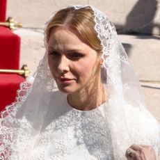 Princess Charlene of Monaco wears bridal white lace for Pope Leo XIV's visit to Monaco on March 28, 2026 in Monaco, Monaco