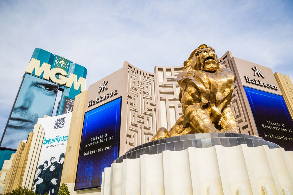 Gold lion statue in front of the MGM Grand resort and hotel in Las Vegas.