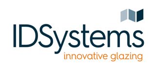 IDSystems logo in dark blue font on a white background with orange tagline of innovative glazing and three blue rectangular shapes in top right