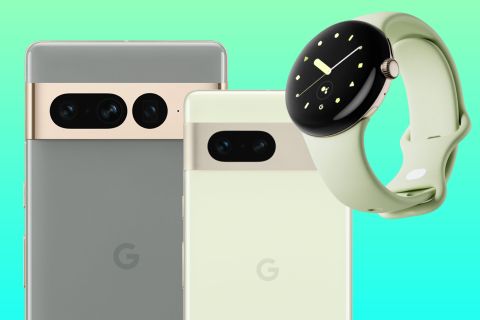 The Google Pixel 7 and Pixel 7 Pro phones and the Google Pixel Watch on a green-blue background