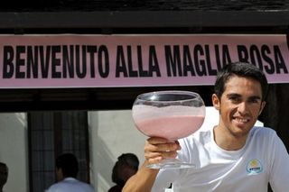 Alberto Contador partakes of a strawberry milkshake at the Giro.