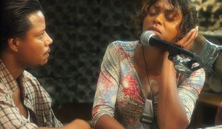 Hustle and Flow Terrence Howard Taraji P. Henson singing in front of the mic