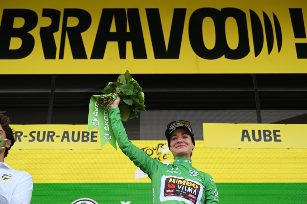 BARSURAUBE FRANCE JULY 27 Marianne Vos of Netherlands and Jumbo Visma Women Team celebrates winning the green points jersey on the podium ceremony after the 1st Tour de France Femmes 2022 Stage 4 a 1268km stage from Troyes to BarSurAube TDFF UCIWWT on July 27 2022 in BarsurAube France Photo by Dario BelingheriGetty Images