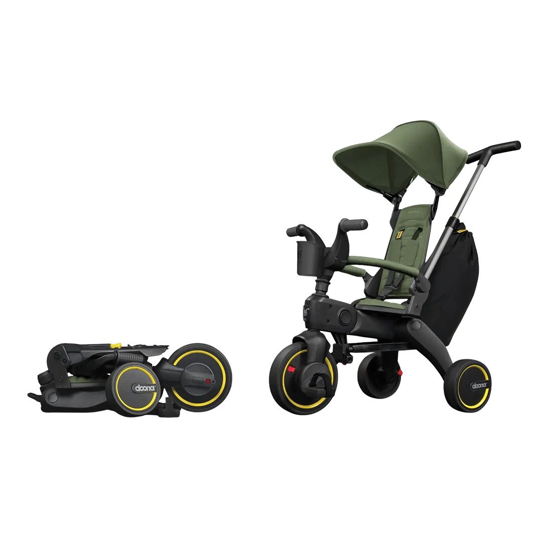 green, black, and yellow, collapsable baby tricycle