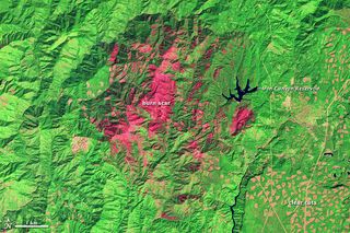 A false-color image of the scar left by the Bagley fire near Big Bend, Calif. Red areas show were fire destroyed vegetation.