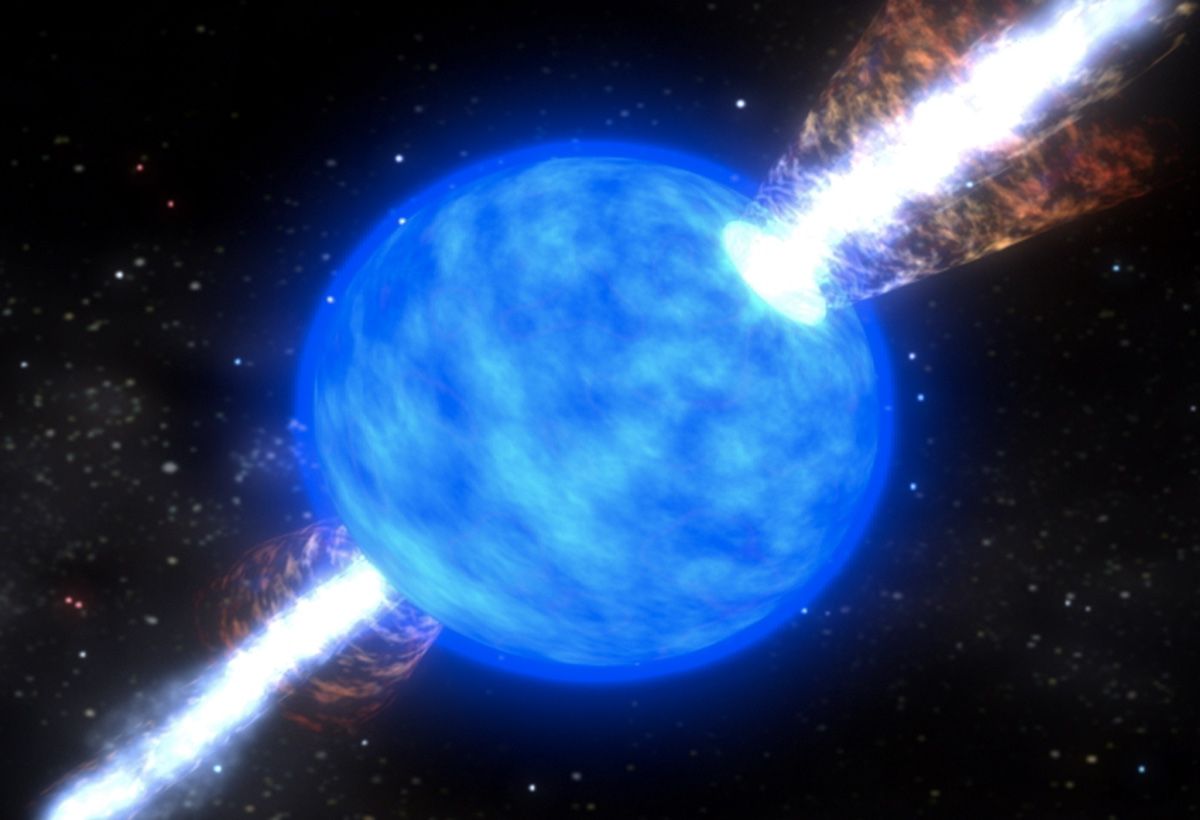 Gamma-ray bursts from distant stars, as shown in this artist&#039;s illustration, are one possible source of the ultra-powerful &quot;OMG particles&quot; that occasionally hit scientists&#039; detectors on Earth.