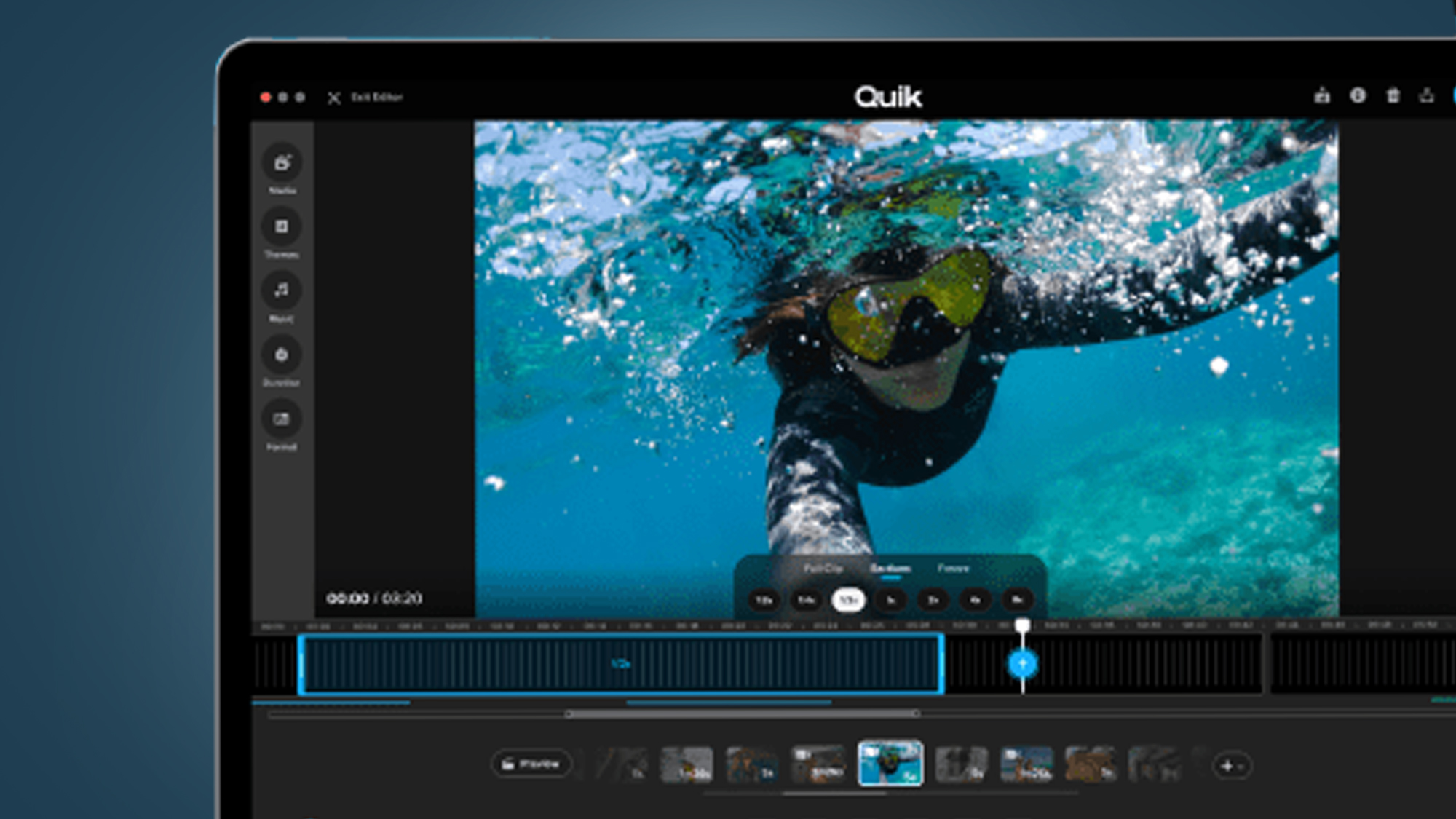 لپ‌تاپ روی پس‌زمینه آبی که ویدیویی از غواصی در حال ویرایش در برنامه دسک‌تاپ GoPro Quik را نشان می‌دهد