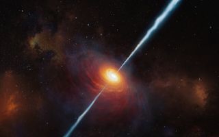 an artist's illustration of the most distant quasar known with radio jets
