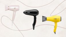 Collage of three of the best travel hair dryers in this guide from (left to right) T3, BaByliss and Drybar, set against and off-white background with an abstract taupe fine line drawing