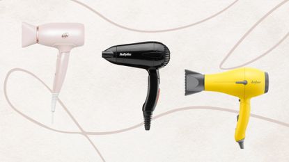 Collage of three of the best travel hair dryers in this guide from (left to right) T3, BaByliss and Drybar, set against and off-white background with an abstract taupe fine line drawing
