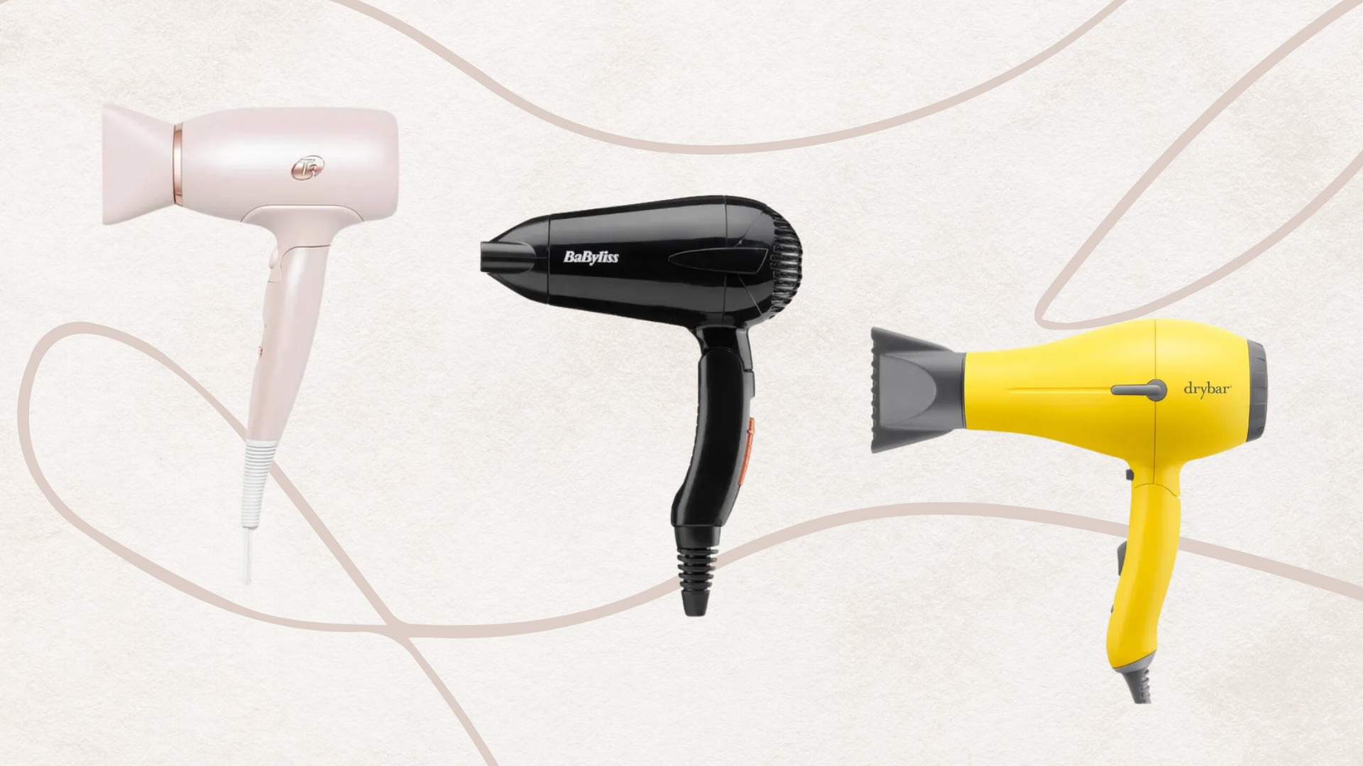 Collage of three of the best travel hair dryers in this guide from (left to right) T3, BaByliss and Drybar, set against and off-white background with an abstract taupe fine line drawing