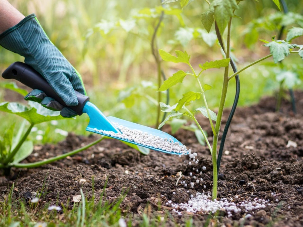 Gardener Fertilizing Tomato Plant