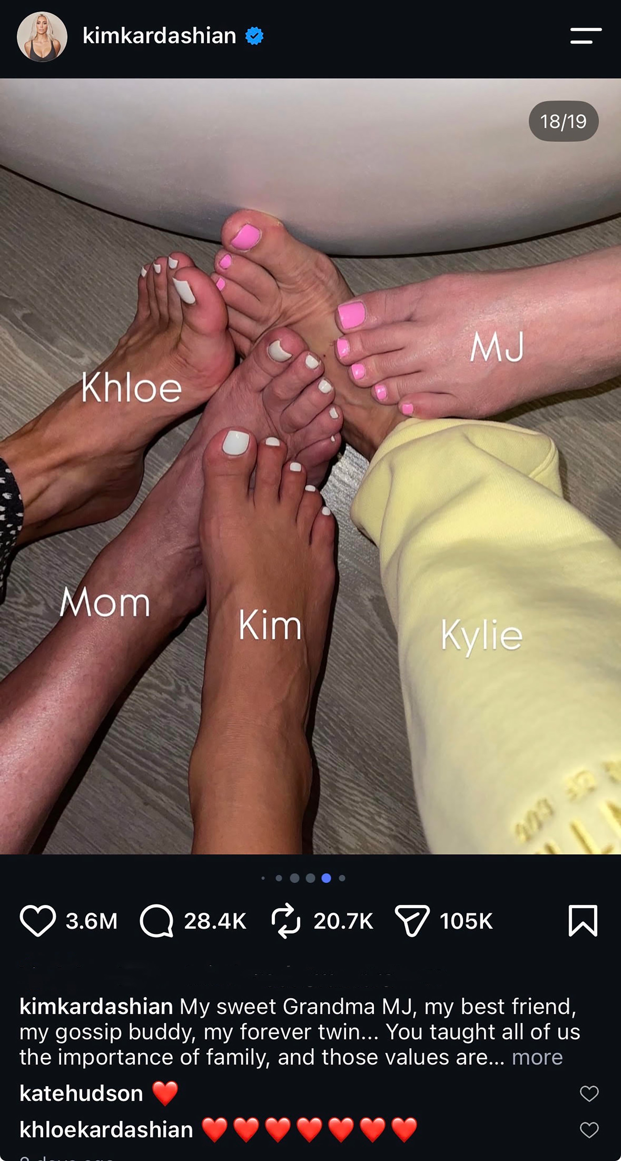 Kim Kardashian, Khloe Kardashian, Kylie Jenner, Kris Jenner and MJ Shannon's feet in 2026 obituary post.