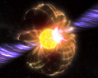 An illustration of a magnetar with magnetic field and powerful jets