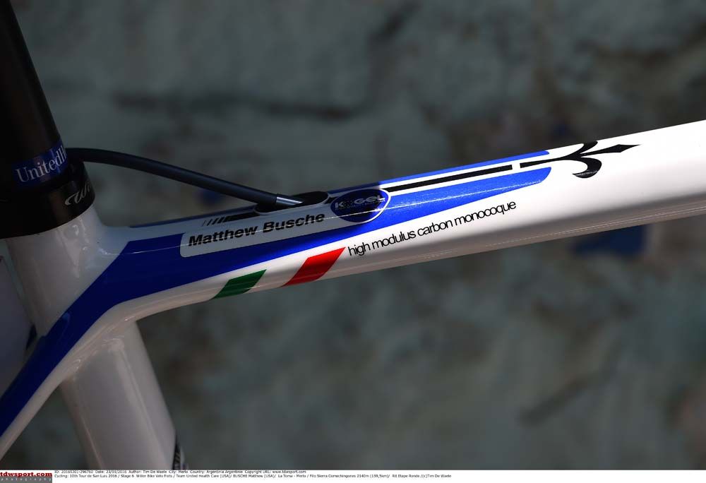 It ays it on the top tube: this is Matthew Busche's Wilier Triestina Zero.7