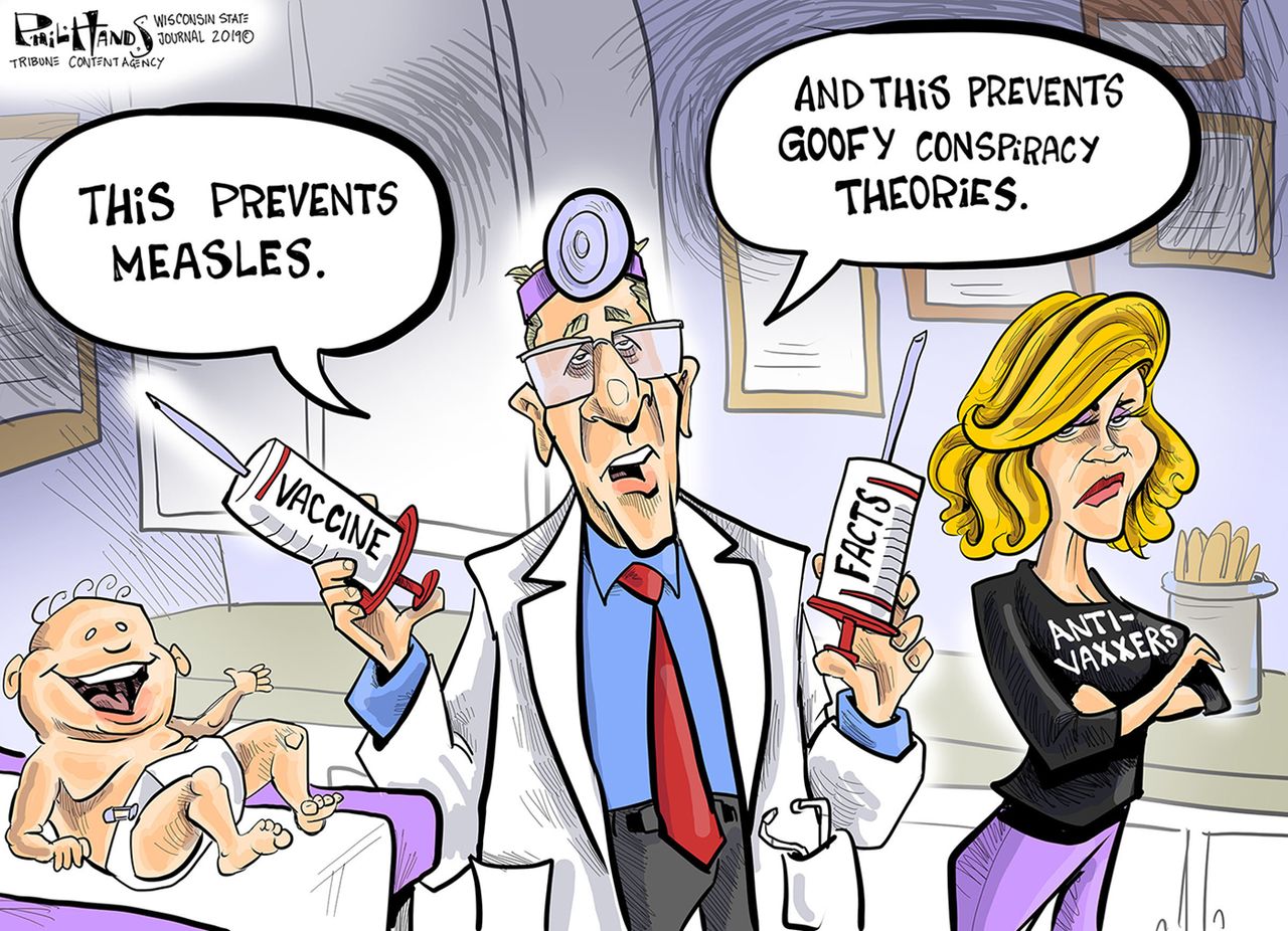 Editorial Cartoon U.S. Anti-Vaxxers Conspiracy theories Measles Children