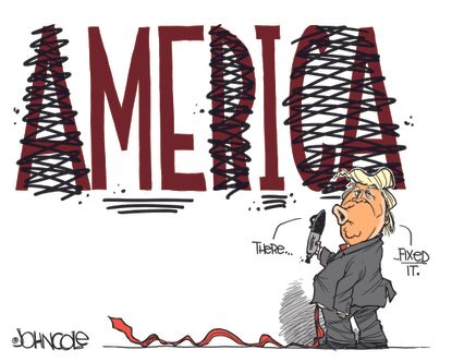 Political cartoon U.S. Trump America spelling