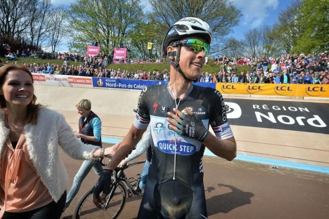 Niki Terpstra (Omega Pharma-QuickStep) looks for his teammates after winning