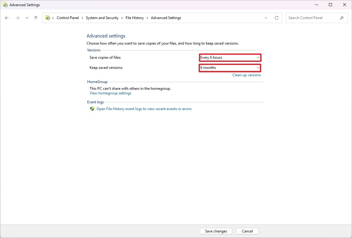 File History storage control