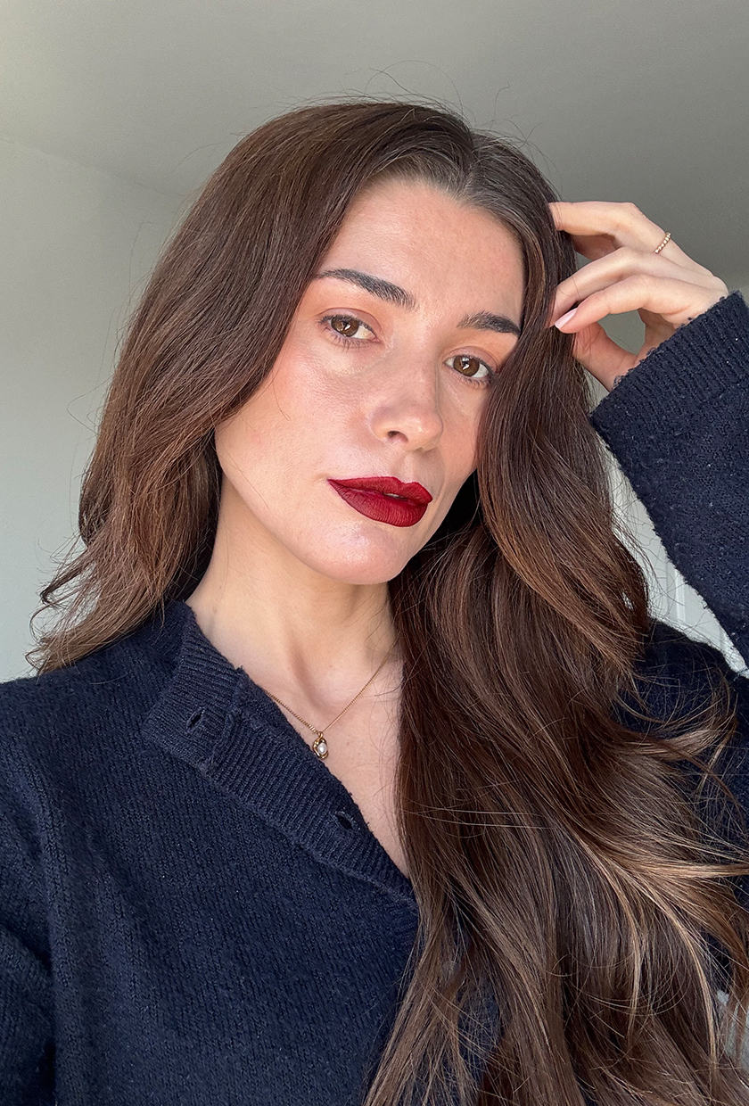 Eleanor wearing Violette FR petal bouche lipstick in Cerise Desir