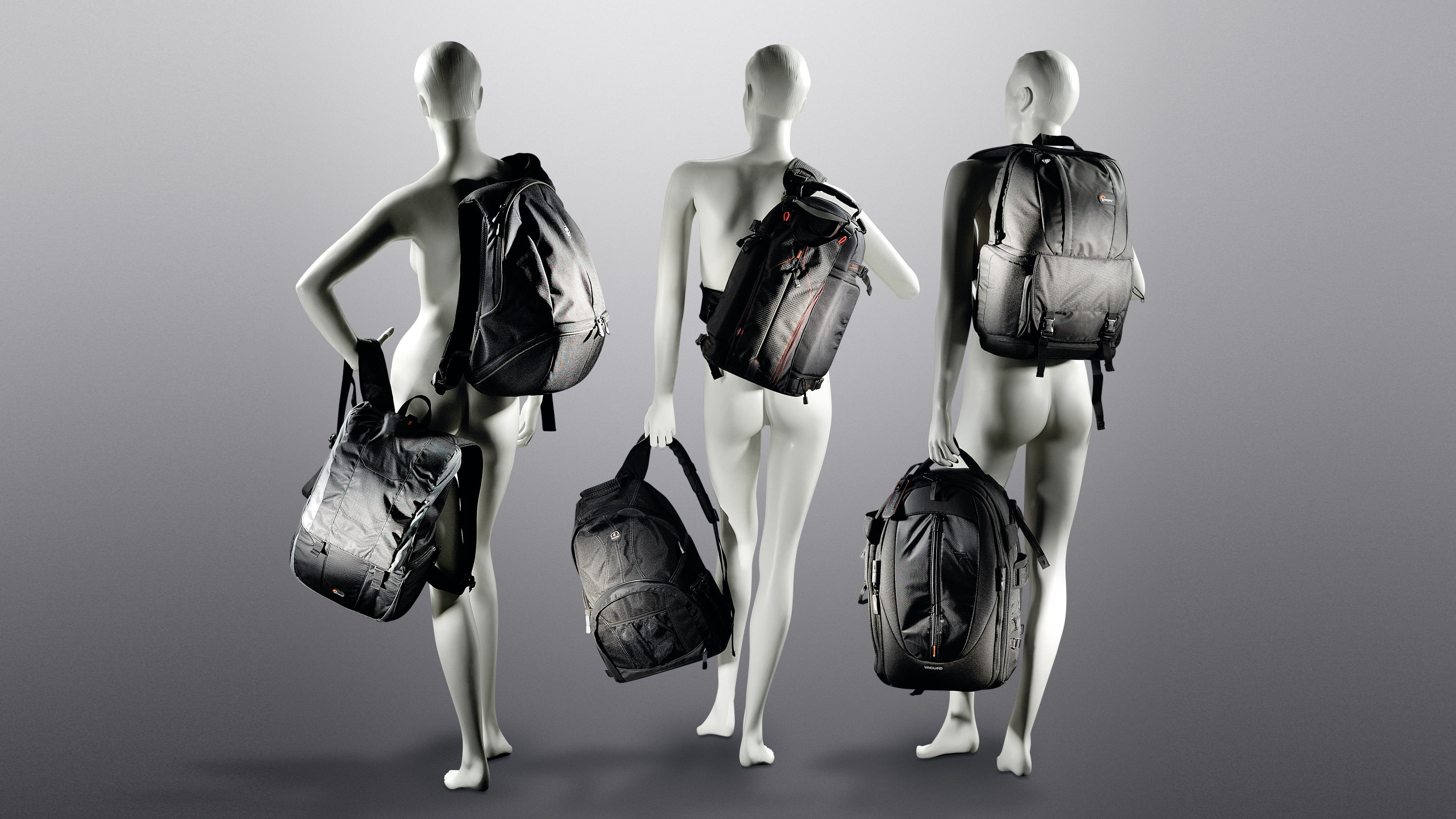 Camera backpacks on mannequins