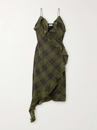 Asymmetric Ruffled Checked Silk-Crepe Dress