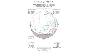This NASA map by solar eclipse scientist Fred Espenak shows the visibility region of the partial solar eclipse of April 30, 2022 over the southeast Pacific Icean and southern South America.
