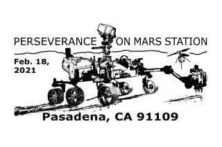 Detlev van Ravenswaay's artwork for the USPS pictorial postmark commemorating the landing of NASA's Perseverance rover on Mars. The ink device will produced if the touchdown is successful.