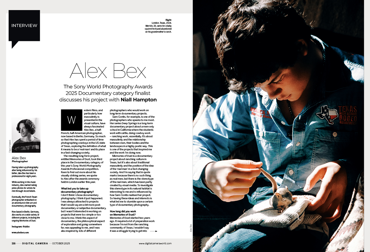 Image showing the first two pages of the interview with Alex Bex, a finalist in the Documentary category of the Sony World Photography Awards 2025 Professional competition, in issue 299 (October 2025) of Digital Camera magazine