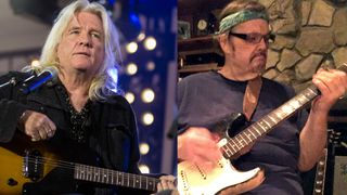 LEFT: Producer/musician Bob Rock speaks on stage at the Gibson Booth during the 2019 NAMM Show at Anaheim Convention Center on January 25, 2019 in Anaheim, California. RIGHT: Alexander Dumble plays a Fender Stratocaster in an undated photo of the amp maker provided by producer Bob Rock