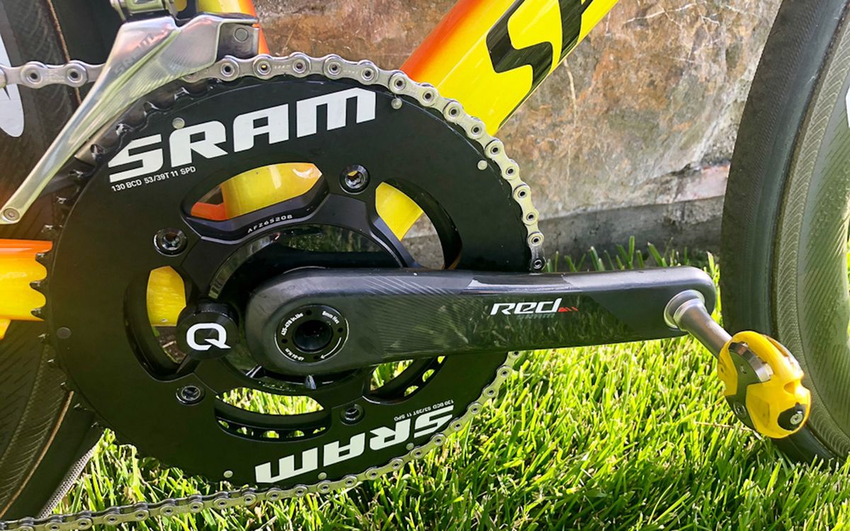 The SRAM Red crankset is equipped with a Quarq power meter